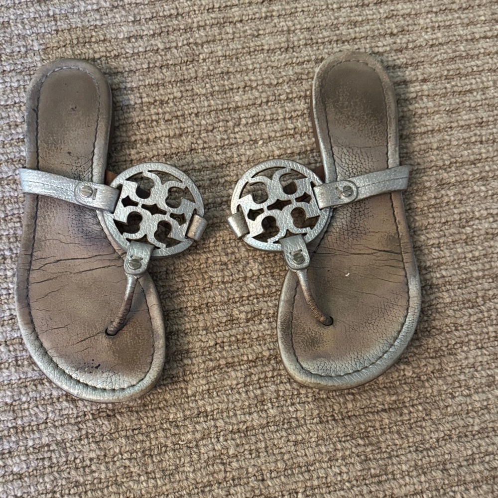 Tory Burch Silver Sandals with Emblem